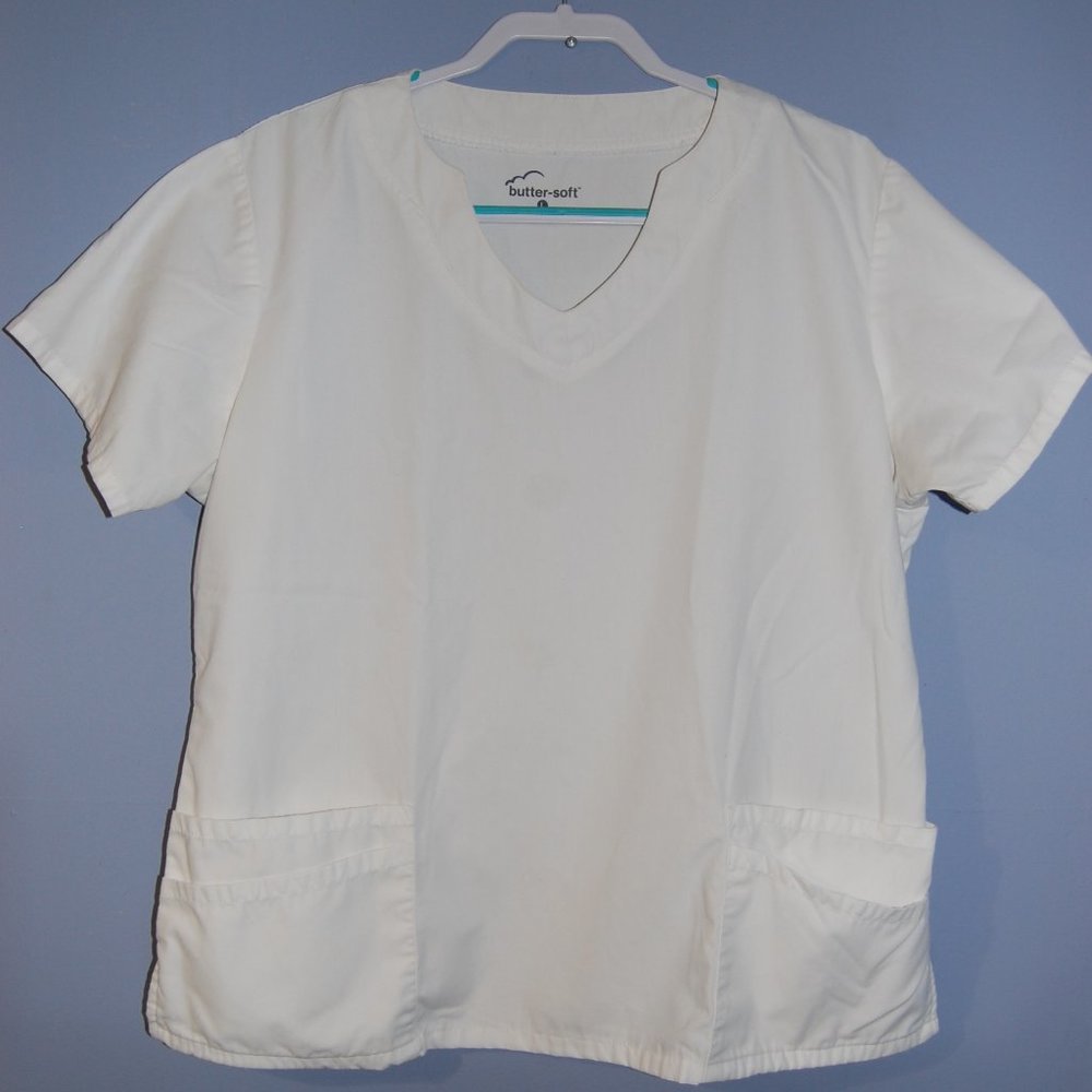Buttersoft, white scrub top
